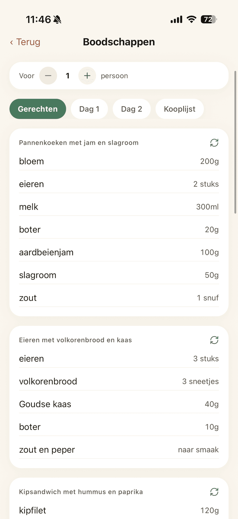 Het Boodschappen-scherm van de MyMesa-app: gerechten voor de week met een automatisch samengestelde kooplijst