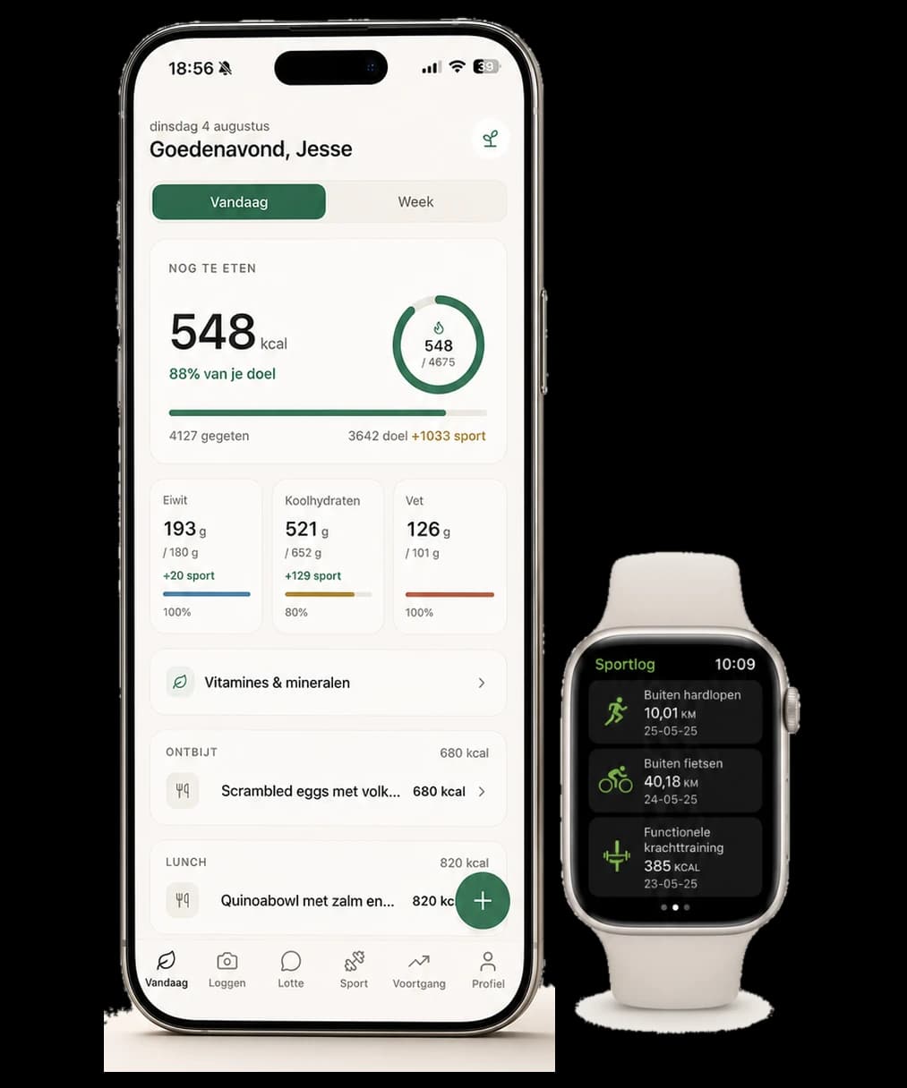 De MyMesa-app op een iPhone (Vandaag-scherm met 548 kcal over van een dagdoel van 4675) naast een smartwatch met een overzicht van hardlopen, fietsen en krachttraining — trainingen tellen automatisch mee in je dagdoel